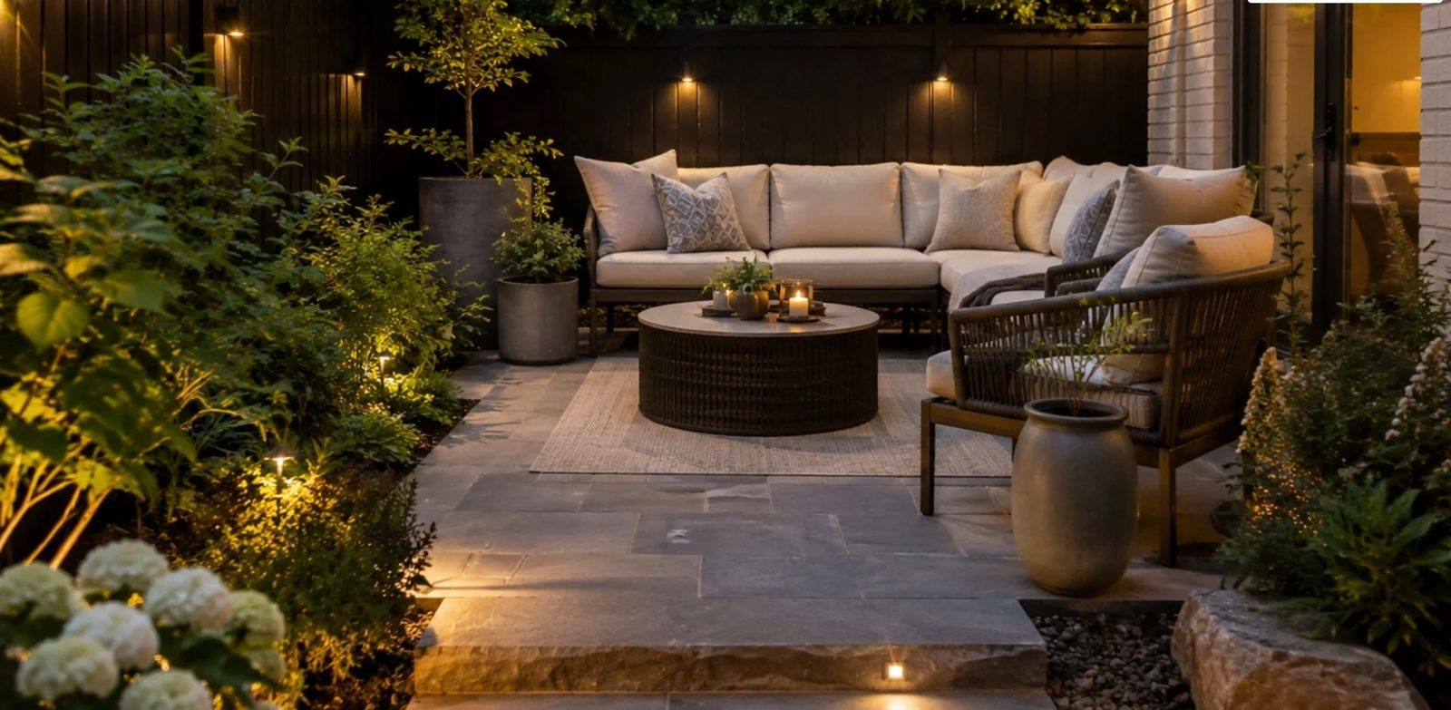 A porcelain patio at dusk with soft garden lighting